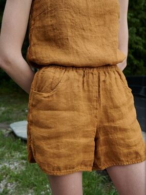 Linenfox Mustard Elastic-Waist Linen Shorts
